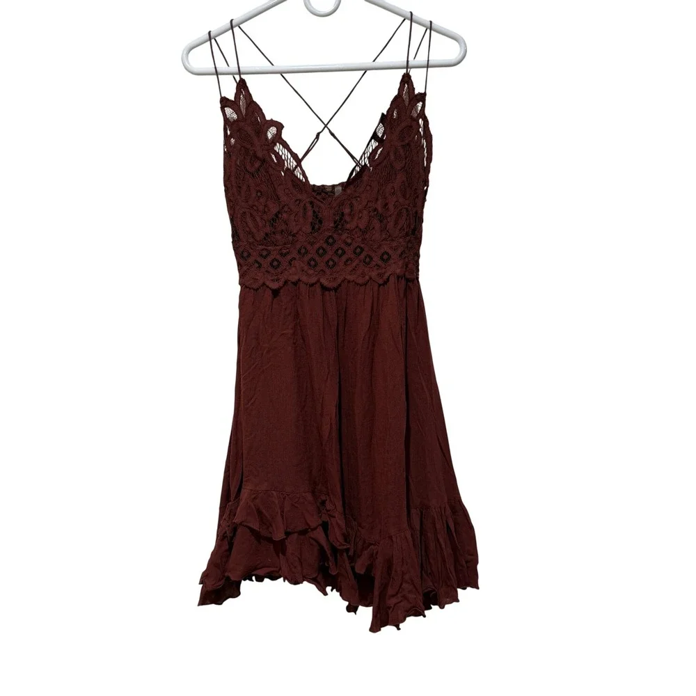 Free People FP One Adella Slip Dress Brown Lace Boho Ruffle Mini Dress Medium M